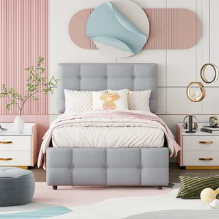 MODFU Polsterbett Ausziehbares Kinderbett, verstellbares Kopfteil (verstellbares Kopfteil, hautfreundliche Leinenpolsterung), ohne Matratze - Grau