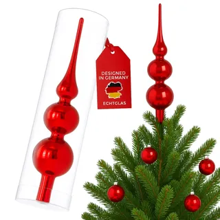 SantaTime Weihnachtsbaumspitze Echtglas glänzend 30cm - Extra Festliche Christbaumspitze aus Glas inkl. Aufbewahrungsbox - Perfekte Tannenbaumspitze (Rot glänzend)