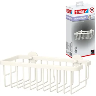 Tesa MOON WHITE Duschablage - 250 mm x 92 mm x 125 mm | Duschkorb zur Wandbefestigung ohne Bohren - extra tief, einstöckig, aus pulverbeschichtetem Metall - inkl. Klebelösung