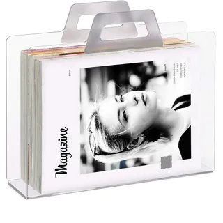 Relaxdays Zeitungsständer, 2 Griffe, Transparente Optik, für Zeitungen & Zeitschriften, Acryl, HxBxT 29x33x10 cm, silber