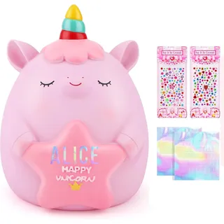 TCJJ Sparschwein Kinder,Einhorn Spardose Mädchen,SparbüChse Für Kinder 2 Alphabet&2 Strass Aufkleber&Einhorn Armband Set,Mädchen Einhorn Geschenke Für Geburtstag, Weihnachten