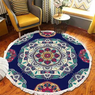Tomifine Mandala Rund Teppich Quasten, Böhmen Handgewebte Baumwolle Teppiche für Schlafzimmer Wohnzimmer Hausdekor (90 cm,Blau Grün)