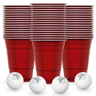 RedCupShop® Beer Pong Becher Set | 50 Red Cups (16oz/473ml) + 4 Bälle | Wiederverwendbar & spülmaschinenfest | Rote Partybecher für Spiele & Feiern