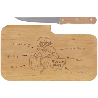 LASERHELD | Brotzeitbrett Holz mit Gravur "Supermama" & Messer | 26 x 15 cm | Frühstücksbrettchen Holz Schneidebrett Jausenbrett | Muttertagsgeschenk Geschenk für Mama