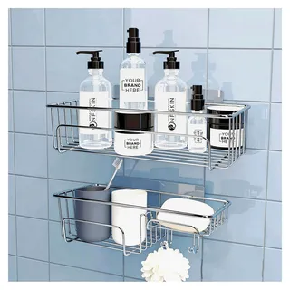 2-teiliges Duschregal ohne Bohren, rostfreier Badezimmer Organizer mit Seifenschale und Shampoo Halterung für Dusche, Küche und Waschküche, mit 2 Haken in Chrom Silber
