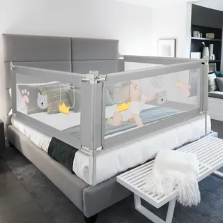 Jopassy 180cm Bettgitter Kinder Bettschutzgitter Höhenverstellbar Rausfallschutz Bett für Kinder Kinderbettgitter mit luftiges Netz, für Familienbett und Kinderbett Grau - Grau