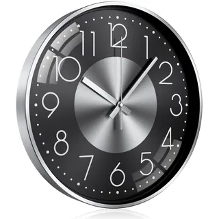 TOKTEKK Wanduhr Ohne Tickgeräusche Lautlos Modern wanduhren 12 Zoll Rund Geräuschlos Küchenuhr Aluminium Wall Clock Für Wohnzimmer Küche Schlafzimmer Und Büro(Silberne und Schwarze Ziffern)