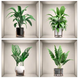 Graplan 4 Stück 3D Wandsticker Vase Wandtattoo, 3D Vase Wandaufkleber, Wandtattoo Pflanzen, Grüne Pflanze Wandsticker, Pflanze Blumen Wandbilder für Wohnzimmer Schlafzimmer Badezimmer Küche Büro Dekor