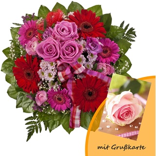 Dominik Blumen und Pflanzen, Blumenstrauß "Falling in Love" mit Rosen, Gerbera und Freesien und Grußkarte "Rosen"