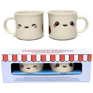 Puckator Set mit 2 Kaffeetassen aus Porzellan, 100 ml, Design Foodiemals, Kawaii-Gesicht, mikrowellengeeignet, in Geschenkbox