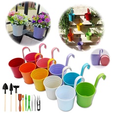 GIOVARA Blumentöpfe zum Aufhängen, hängend Blumentopf ohne Ablaufloch, 10 Stück bunte Balkon Garten Töpfe mit Werkzeugen, Blumentopf aus Metall für Pflanzen mit abnehmbare Henkel(10 x 10 x 8 cm)