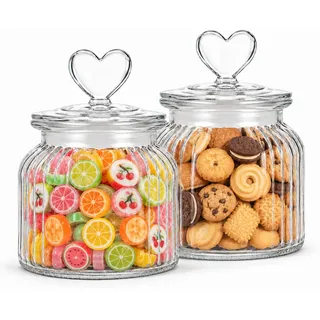 KihhonTech 2er Set 650 ml Bonbonglas mit Deckel Luftdicht | Spaßglas für Süßigkeiten, Müsli, Nüsse, Keksdose Süßigkeiten Glas, Candy Bar Gläser, Dekoglas mit Herzförmiger Deckel