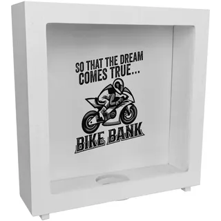 Bike Bank Rahmen Spardose aus Holz mit Spruch und Motorrad in weiß So That The Dream Comes True Bike Bank EIN dekoratives Sparschwein zum Sparen auf EIN Moped Biker Sparbüchse
