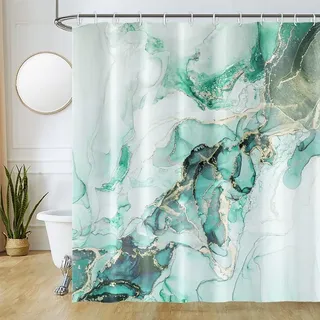 Uiiooazy Duschvorhang Grün, Duschvorhang 180x200cm Anti Schimmel Marmor Optik Türkis Marmoriert Modern Duschvorhänge Stoff Waschbar Wasserdicht Polyester Bad Vorhang mit 12 Haken für Badezimmer