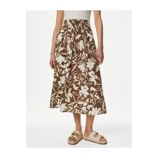 Womens M&S Collection Pure Cotton Printed Pleated Midi Skirt - Brown Mix, Brown Mix - 22-LNG