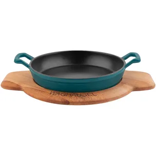 Sallys Gusseisen - Servierpfanne rund Ø 20 cm - mit Echtholzuntersetzer - Petrol