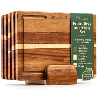 EDELHAUS Frühstücksbrettchen 5er Set, Schneidebrett Holz Akazie 23x16 cm | Holzschneidebrett Set aus Akazie, 1,5 cm dicke Holzbretter, Frühstücksbretter mit Ständer, Brettchen Set für Brot & Käse