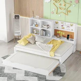 okwish Daybett 90*200cm mit ausziehbarem Bett, usb-Ladeanschluss, Staufächer, Grau - Weiß