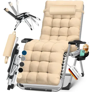 KESSER® Sonnenliege Liegestuhl Klappbar Mit Getränkehalter Gartenstuhl Mit Auflage Polster, Liegestuhl, Extra groß Gartenliege, Verstellbar Rückenlehne Garten Liege mit Kissen-Unterstützung - Beige