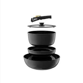 Töpfe und Pfannen Set Non-Stick, Keramik Kochgeschirr Set Abnehmbare/abnehmbare Griffe, RV Camping Küche Kochen Set, Geschirrspüler/Ofen/Kühlschrank Safe, Induktion, Platzeinsparung,Schwarz/Gold