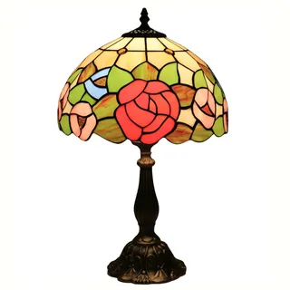 FUMAT Tiffany Tischlampe, 12 Zoll Retro Lampe, Vintage Nachttischlampe, Deko Tischleuchte, Handcraft Bunte Glas Lampenschirm, Rote Rose Muster, Mit E27 LED Glühbirne, für Schlafzimmer Wohnzimmer Büro