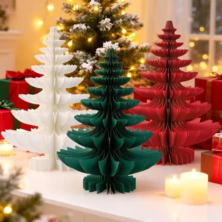 EASY JOY 3 Stücke Papier Weihnachtsbaumschmuck 30cm Waben Deko Weihnachten Faltbarer Weihnachtsbaum Tischdeko Weihnachten 3D Papier Weihnachtsbaum für Esstisch Schrank Fensterbank Kaminsims
