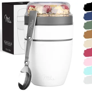 Milu Müslibecher to go 400ml MüsliMax Plastik Joghurtbecher für Müsli I auslaufsicherer Becher mit Löffel für Yoghurt/Porridge (Weiß)