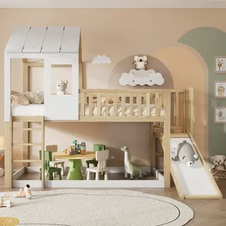 Flieks Etagenbett 90x200cm mit Lattenrost, Kinderbett mit Rutsche und Leiter, Hausbett mit Rausfallschutz, Einzelbett Massivholzbett - Naturbelassen, Weiß