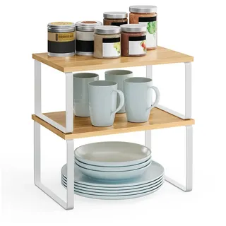 Songmics Gewürzregal, 2er Set Küchen-Organizer, Küchenregal, Schrank-Organizer Küche, erweiterbar, kleines Regal, stapelbar, Metall und Holzwerkstoff, wolkenweiß-naturbeige KCS02NW