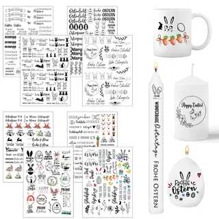 LYNBLY Kerzentattoos Ostern, 8 Stück, Osterhase Kerzensticker, Wasserschiebefolie, Lustige Osterhasen, Ostereier, DIY für Kerzen und Keramik