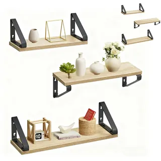 Relaxdays Wandregal, 6er Set, 3 Größen: 30, 35, 40 cm Breite, Holzoptik & Metall, Wandbretter für Bücher & Deko, Natur