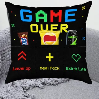 KAMACA Originelles Dekokissen Kissen mit 3 Taschen zum selbst Befüllen und Spruch Größe 43x43 cm tolles Geschenk für Anlässe wie z.B. Geburtstag (Game Over A)