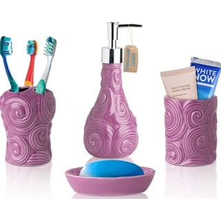 Designer 4-TLG. Bad-Accessoire-Set - Keramik-Bad-Set mit Flüssigseifen- oder Lotion-Spender, Zahnbürstenhalter, Becher und Seifenschale - Dekoratives Set mit geprägten Details - Ozeanwellen, Lila