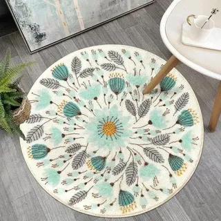 Famanu Rundteppich Blumenmuster - 90 cm, Blaugrün
