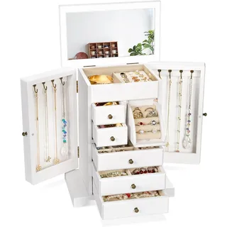 Emfogoo Schmuckkästchen 6 Ebenen, Schmuckaufbewahrung, Rustikales Holz Schmuckkasten 6 Schubladen mit Spiegel, Schmuck Organizer für Ringe, Ohrringe, Halsketten, Armbänder (Verwittertes Weiß)