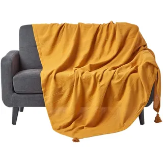 Homescapes Wohndecke Rajput gelb – leichte Baumwolldecke 150x200 cm, Tagesdecke aus 100% Baumwolle, Sofaüberwurf handgewebt mit Streifenstruktur, Couch-Überwurf mit Quasten, Oeko-Tex