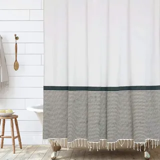 HALL & PERRY Moderner Duschvorhang mit Quasten aus 100% Baumwolle, gestreifter Stoff, Duschvorhang mit Quasten für Badezimmer-Dekoration, 183 x 183 cm, Schwarz und Hellbraun