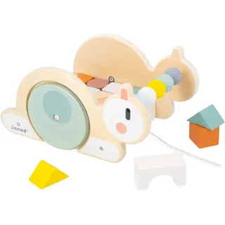 Janod - Sweet Cocoon Schneckenwagen mit Klötzen Kleinkindspielzeug - Handgeschicklichkeit und Vorstellungskraft - Nachziehspielzeug + 16 Bauklötze - Spielzeug aus FSC-Holz - Ab 18 Monaten, J04054