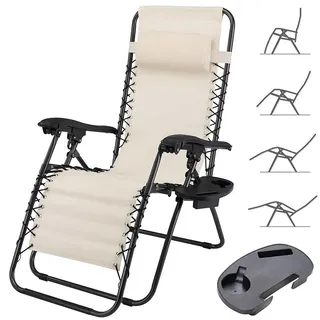 BAKAJI Schwerkraft-Stuhl Zero Liegestuhl für den Garten, zusammenklappbar, platzsparend mit Stahlrohrtablett, 22 mm, neigbar, Stoff aus Texilene atmungsaktiv, für Terrasse und Pool im Freien (Beige)