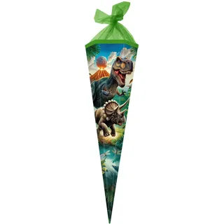 Goldbuch 98 157 Schultüte 85 cm Vulkan, Zuckertüte 6-eckig, Geschenktüte mit Dinosaurier-Motiv, Geschenkverpackung aus Lackkarton, Einschulungstüte mit Netzverschluss, ca. 85 x 24 x 20 cm, bunt