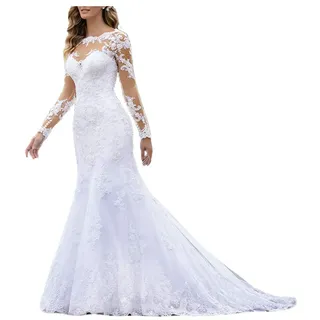 Spitzen Applikationen Langarm Hochzeitskleid Standesamtliche Brautkleid, WZEFEIO, Weiß, 36