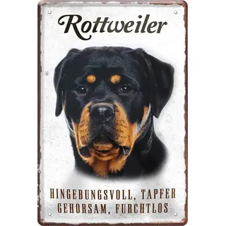 WOGEKA ART Retro Blechschild - Rottweiler Hund Steckbrief - witziger Spruch als Geschenk-Idee zum Geburtstag Weihnachten zur Dekoration 20x30 cm Vintage-Design aus Metall 330