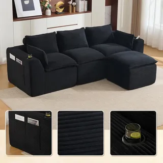 LVHOM Modulsofa 3-Sitzer Cord, L-Form Wohnlandschaft mit Getränkehalter & Seitentaschen, Big Sofa Couch, 256cm, Schwarz - Schwarz
