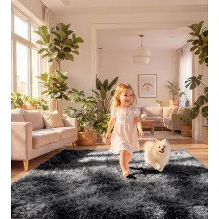 ROHATIM Teppich Wohnzimmer 200 x 300 cm dunkelgrau Waschbar Rutschfester Hochflorteppich Kinderzimmer Schlafzimmer Flauschiger Teppiche