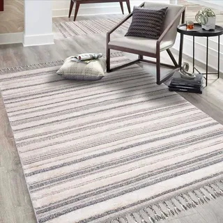 Carpet City Hochflor-Teppich »Valencia 807« rechteckig 20 mm Höhe Läufer, Boho-Stil, 3D-Effekt, Streifen, Hoch-Tief-Struktur, Fransen, blau