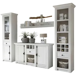 Furn.Design Wohnwand 4-teilig Pinie weiß 290 cm, Wohnkombination im Landhaus-Stil , Metall , Nachbildung,Pinie , Holz Optik, Uni , 7 Fächer , 3 Schubladen , 293x207x45 cm , Wohnzimmer, Wohnwände