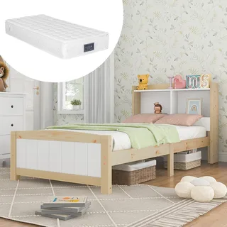 okwish Massivholz Einzelbett mit Stauraum-Kopfteil Bett,90 x 200 cm Bettgestell mit Lattenrost Holzbett mit Kopfteil,Kinderbett Natürlich und Weiß (Mit Matratze) - Weiß