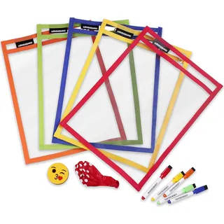 5 Hüllen Vordruck Wiederverwendbar A4 Papier | Dry Erase Pockets Größe 36x26cm | PET Ökologisch Recycelbar | 5 Farben, 5 Marker, Löscher und Luftballon | Schulmaterial,Schule,Kindergarten,Spielzimmer