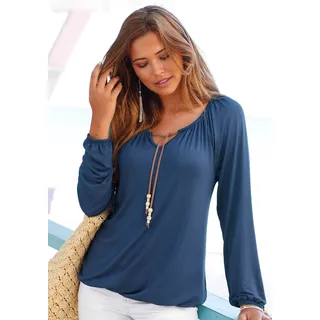 s.Oliver Strandshirt, mit Bindeband am Ausschnitt, lockere Passform, Boho-Style, blau