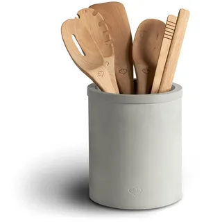 SPRINGLANE Küchenhelfer-Set aus Buchenholz, 6-tlg. inkl. Kochlöffel, Kochzange, Pfannenwender, Nudelschöpfer, Beton Küchenutensilien-Halter